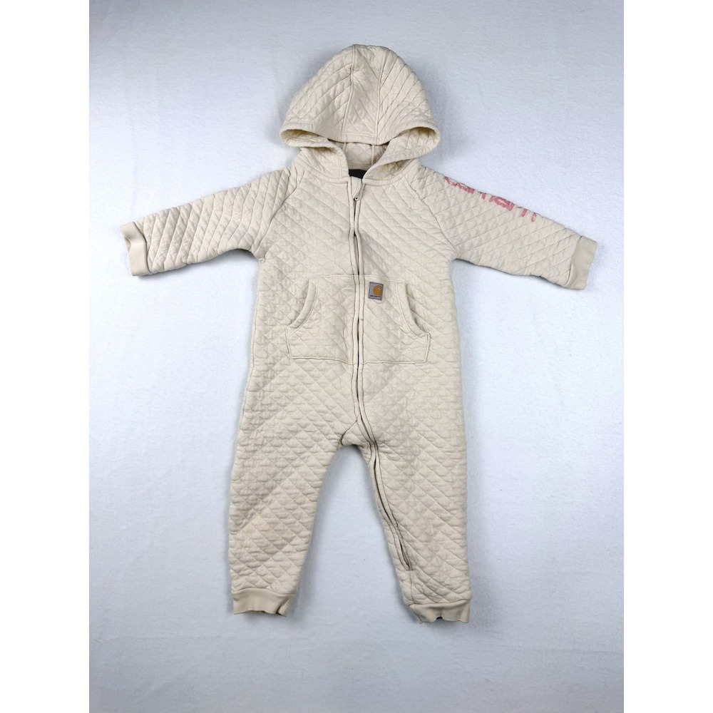 Carhartt Baby Quilted Hooded Coverall Cream Pink Logo Jumpsuit One Piece